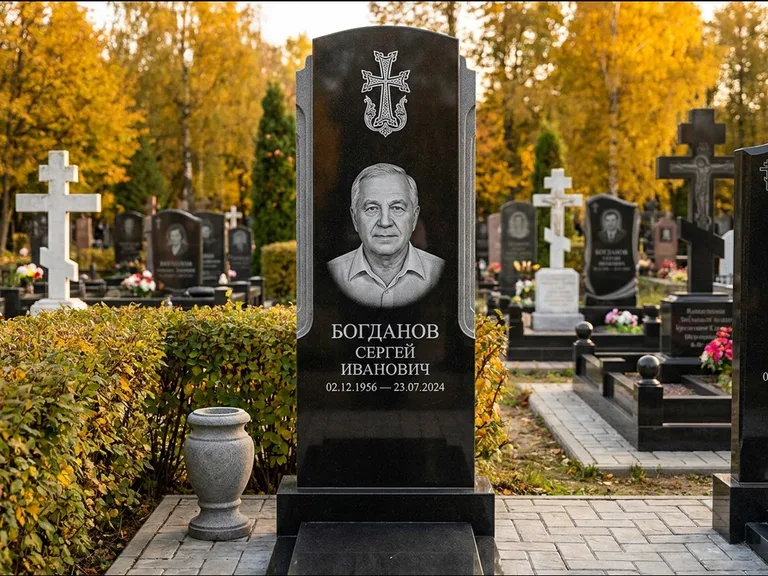 Памятник из чёрного гранита — круглая стела-медальон с армянским хачкаром, работа «Ковалёв» в Волгограде
