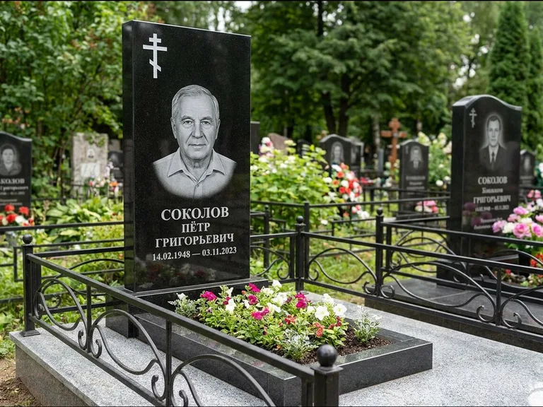 Памятник из чёрного гранита — стела с арочным верхом с православным восьмиконечным крестом, работа «Ковалёв» в Волгограде