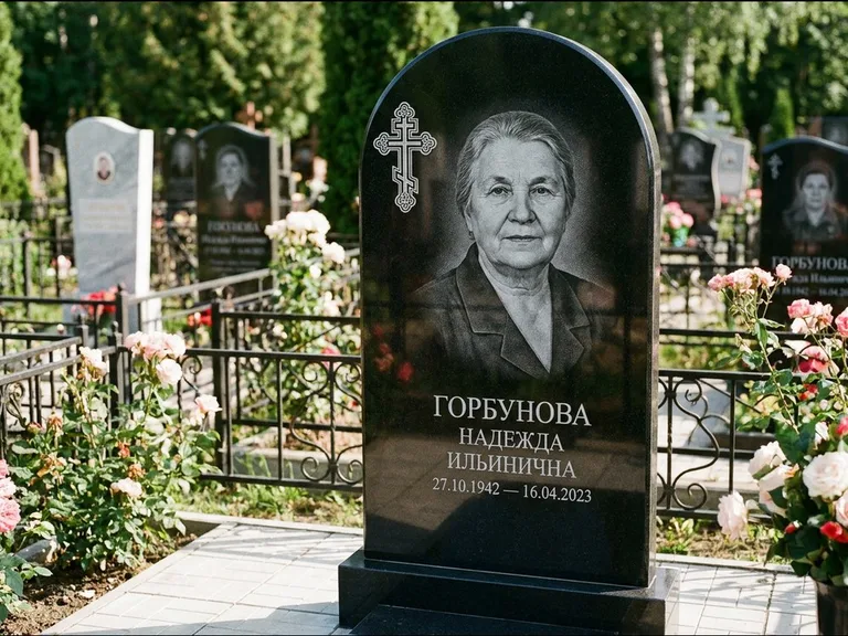 Памятник из чёрного гранита — стела с боковой колонной с крестом в лучах, работа «Мельникова» в Волгограде