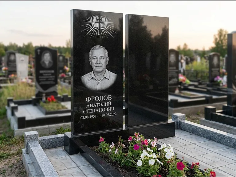 Памятник из чёрного гранита — стела на ступенчатом постаменте с золочёным крестом, работа «Богданов» в Волгограде