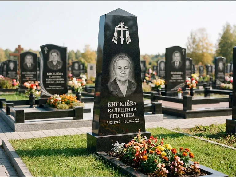 Памятник из чёрного гранита — стела со скошенным верхом с ажурным резным крестом, работа «Селезнёва» в Волгограде