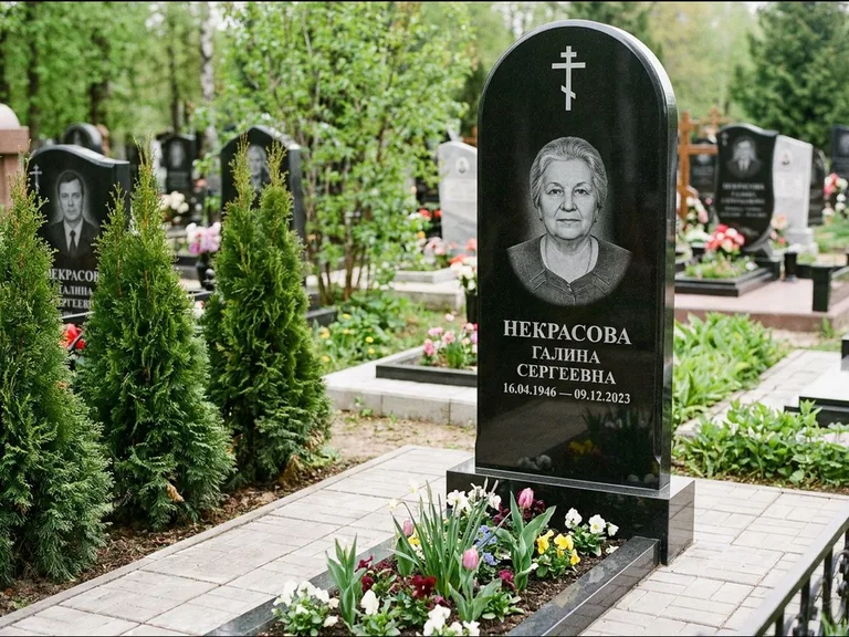 Памятник из чёрного гранита — стела с цветником-плитой с латинским крестом, работа «Лаврентьева» в Волгограде