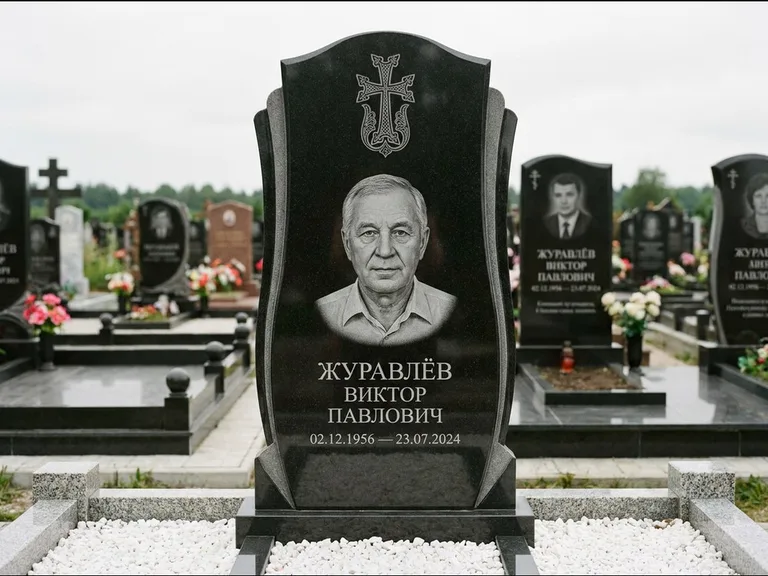 Памятник из чёрного гранита — панорамная стела с армянским хачкаром, работа «Тихонов» в Волгограде