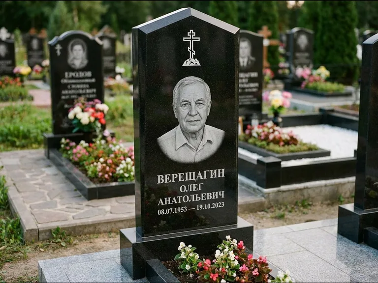 Памятник из чёрного гранита — обелиск-колонна с крестом на Голгофе, работа «Ковалёв» в Волгограде