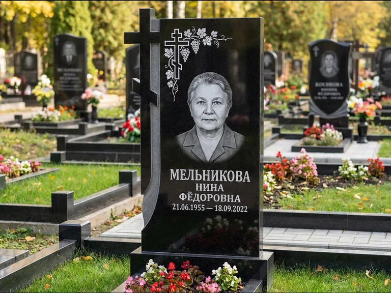 Памятник из чёрного гранита — стела с резной рамкой с крестом с распятием, работа «Некрасова» в Волгограде