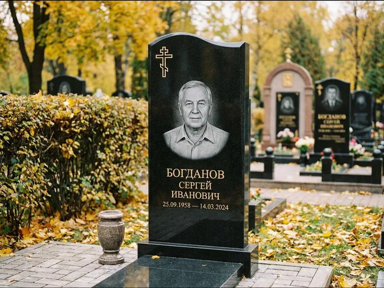 Памятник из чёрного гранита — стела с цветником с процветшим крестом с виноградной лозой, работа «Журавлёв» в Волгограде