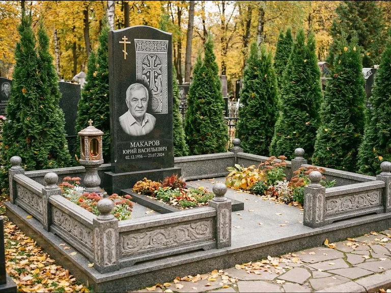 Памятник из чёрного гранита — стела с крестом и лампадой с армянским хачкаром, работа «Гущин» в Волгограде