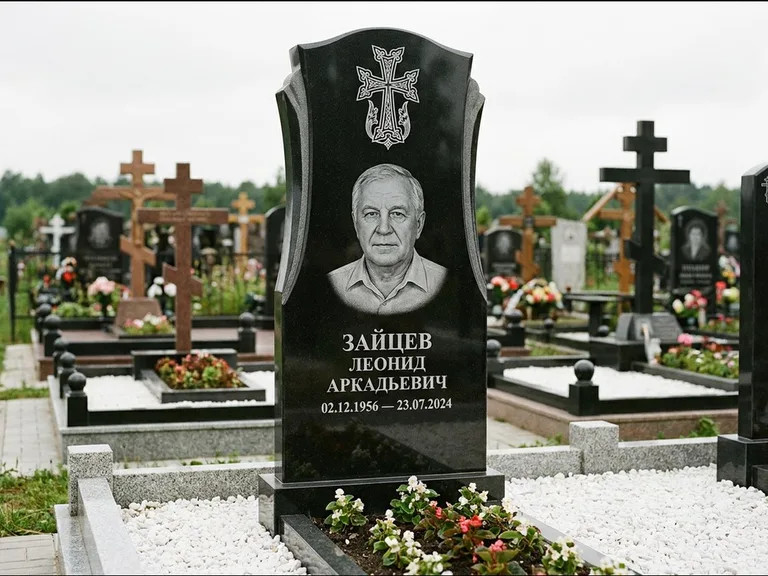 Памятник из чёрного гранита — семейная стела на двоих с армянским хачкаром, работа «Журавлёв» в Волгограде