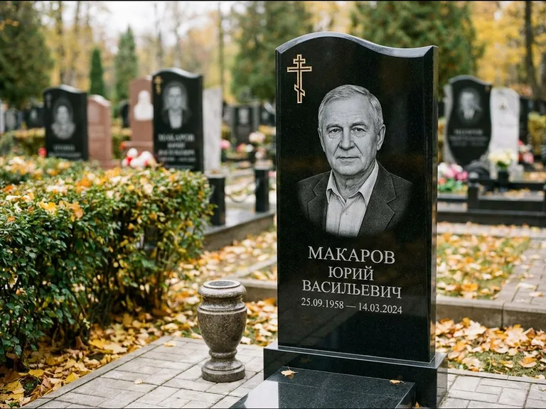 Памятник из чёрного гранита — фигурная стела с киот-нишей с процветшим крестом с виноградной лозой, работа «Богданов» в Волгограде