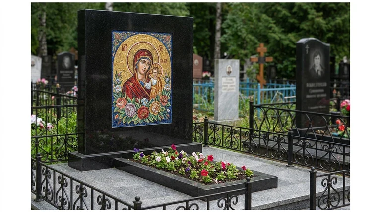 Мозаика на памятник в Волгограде — цветное панно из смальты на чёрной гранитной стеле