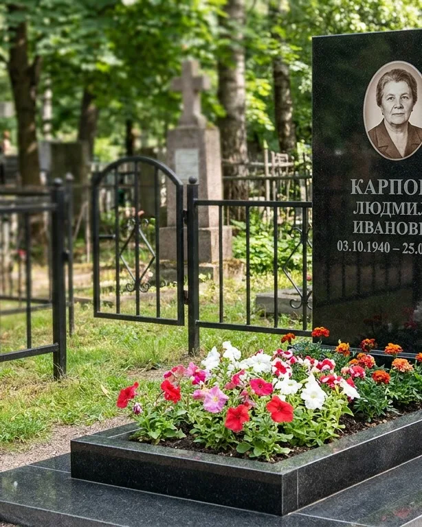 Памятник под ключ с низкой оградой и цветником в Волгограде