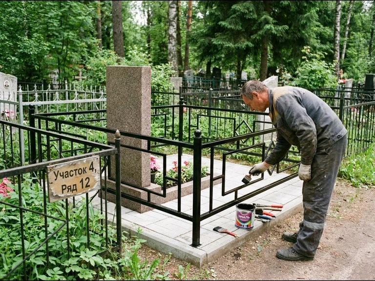 Покраска оградки на кладбище в Волгограде — мастер красит металлическую ограду на могиле чёрной эмалью