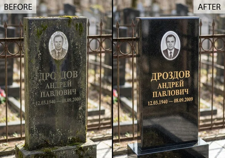 Чистка и полировка гранитного памятника: до и после в Волгограде