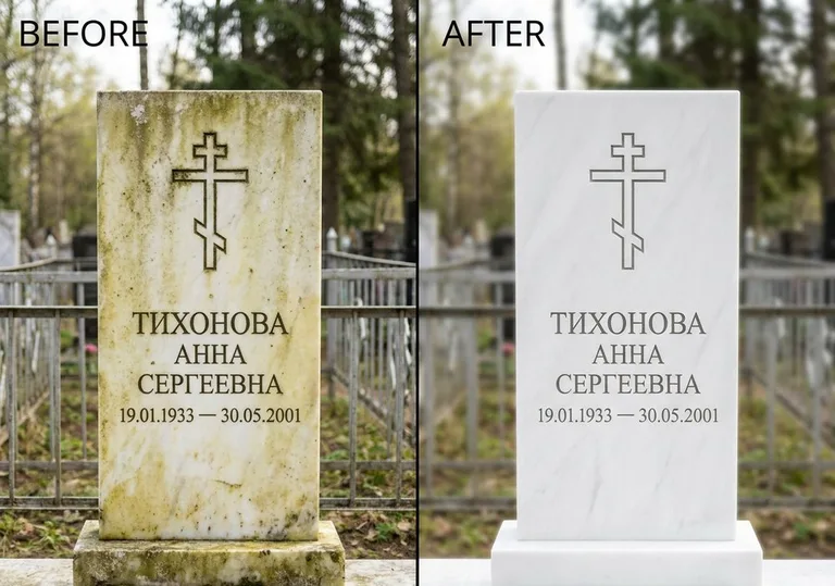 Восстановление мраморного надгробия от желтизны: до и после в Волгограде