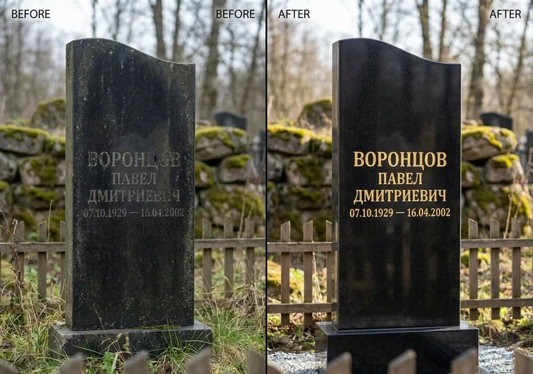 Золочение и обновление надписей на памятнике: до и после в Волгограде