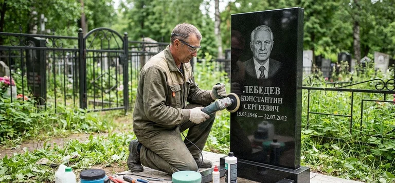 Реставрация памятника в Волгограде — восстановление гранита, заделка трещин и обновление надписей на кладбище