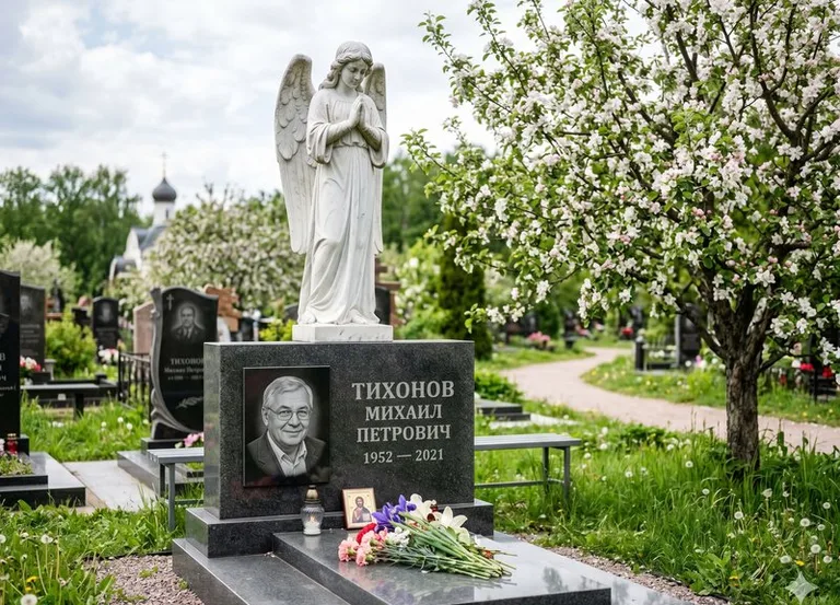 Мраморный молящийся ангел на гранитном памятнике весной в Волгограде
