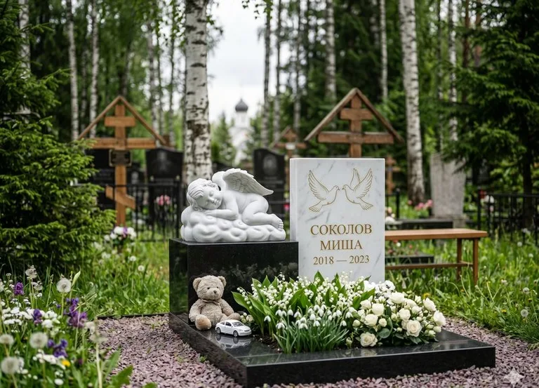 Белый ангелочек на детском памятнике в Волгограде