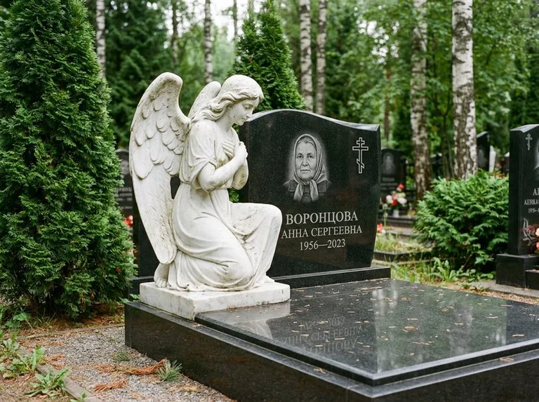 Белый мраморный ангел на гранитном памятнике в Волгограде