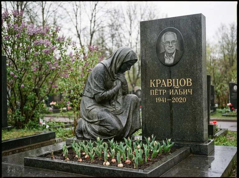 Гранитная скорбящая фигура у стелы на кладбище в Волгограде