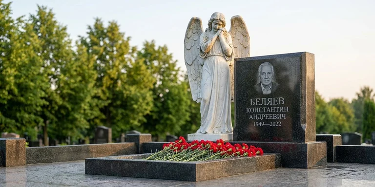 Скульптура на памятник в Волгограде — мраморный ангел на гранитном мемориале