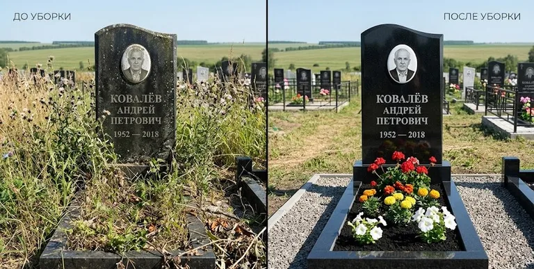 Уборка могилы до и после — ухоженный участок в Волгограде