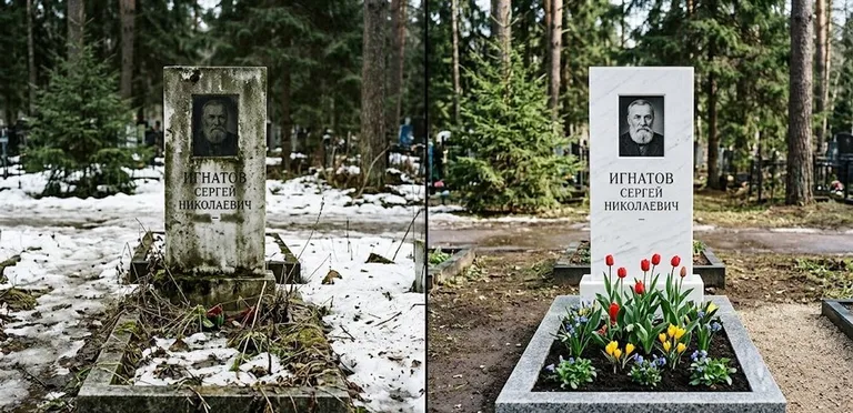 Диптих №6: высадка хризантем у подножия серого гранита — до и после уборки в Волгограде