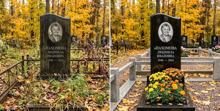 Уборка могилы до и после осенью — клёны в Волгограде