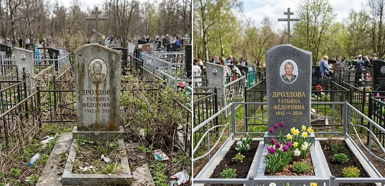 Диптих №4: свежепокрашенная серебром оградка и отмытый красный гранит — до и после в Волгограде
