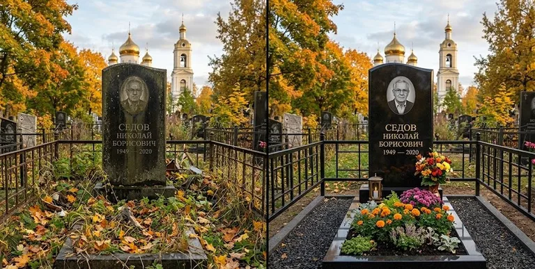 Уборка могилы до и после осенью — у церкви в Волгограде