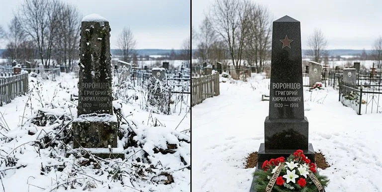 Уборка могилы до и после зимой — воинский обелиск в Волгограде