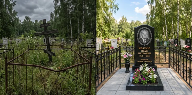 Благоустройство могилы до и после установки памятника в Волгограде