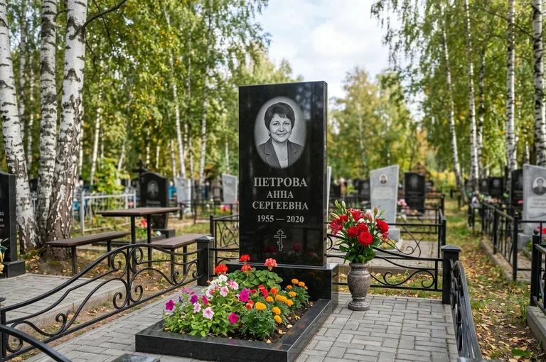 Гранитный памятник с цветником и плиткой в Волгограде