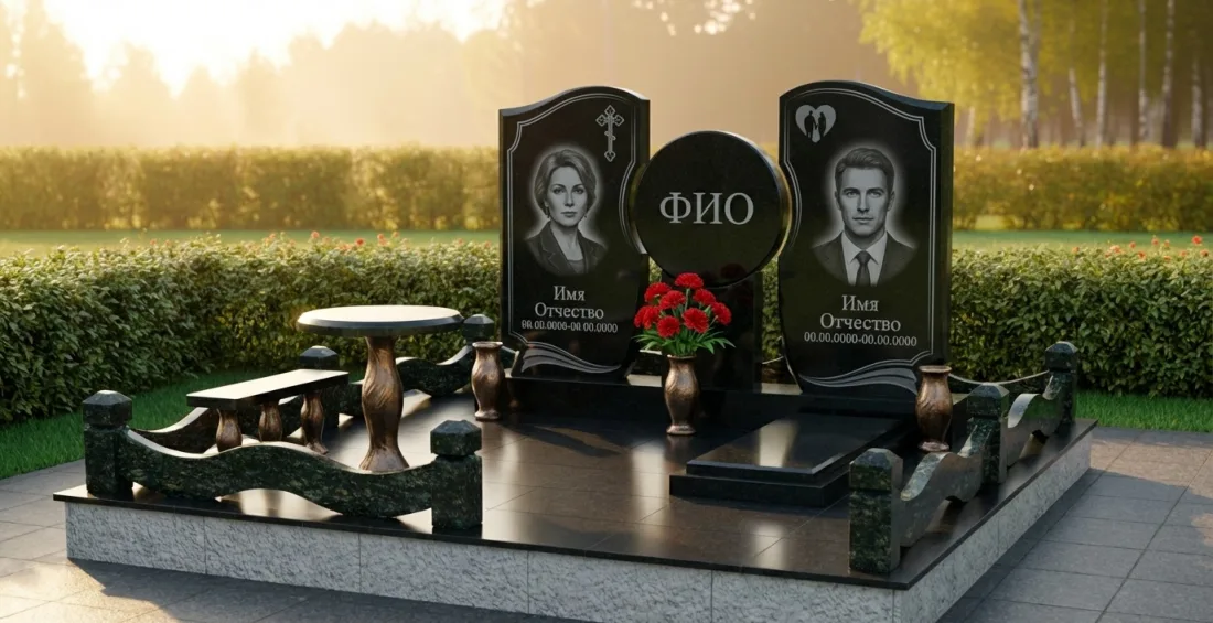 Памятник родителям из красно-чёрного гранита, овальные цветные портреты, фигурка ангела, цветы Памятник родителям из красно-чёрного гранита, овальные цветные портреты, фигурка ангела, цветы