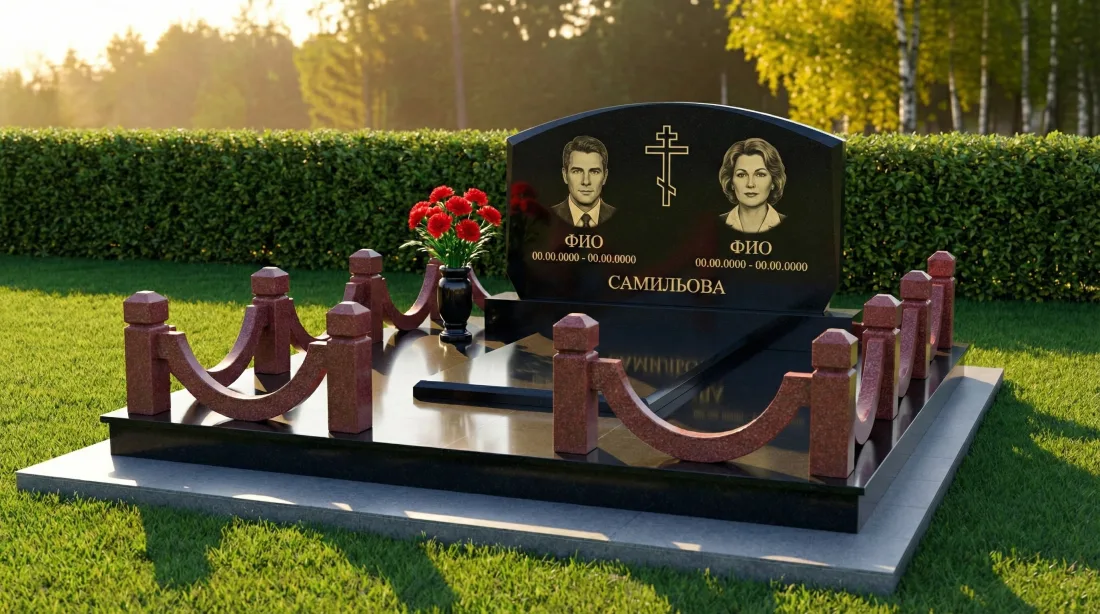 Памятник родителям из чёрного гранита, два портрета, гравировка лилий, крест, цепная оградка, красные розы Памятник родителям из чёрного гранита, два портрета, гравировка лилий, крест, цепная оградка, красные розы