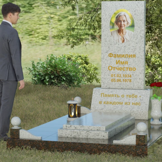Вертикальный гранитный мемориал со строгими линиями и шарами, гранит Мансуровский, вид 4