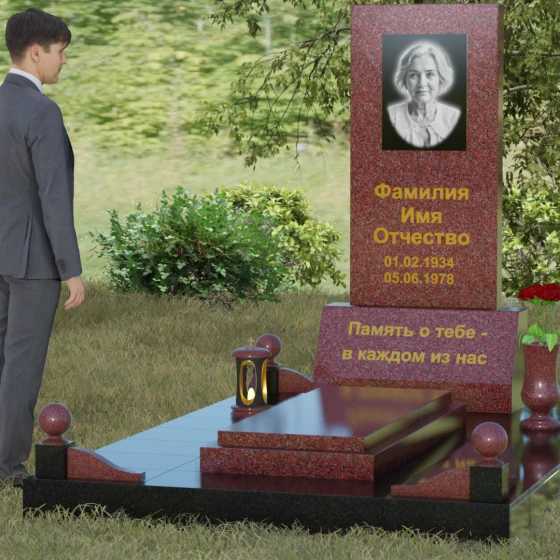 Вертикальный гранитный мемориал со строгими линиями и шарами, гранит Лезниковский, вид 4