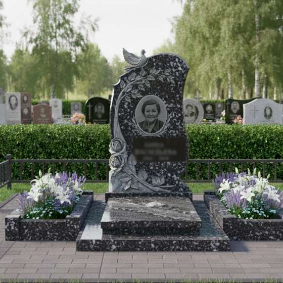 Гранитный памятник «Умиротворение» с голубем и розами, гранит амфиболит