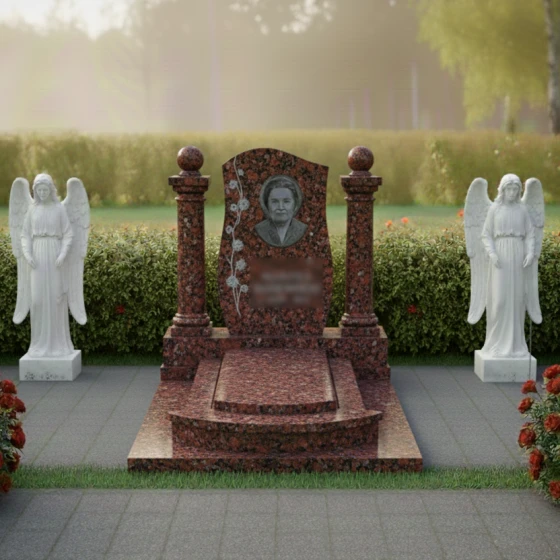 Элитный гранитный памятник с колоннами и волнообразной стелой, гранит Лезниковский