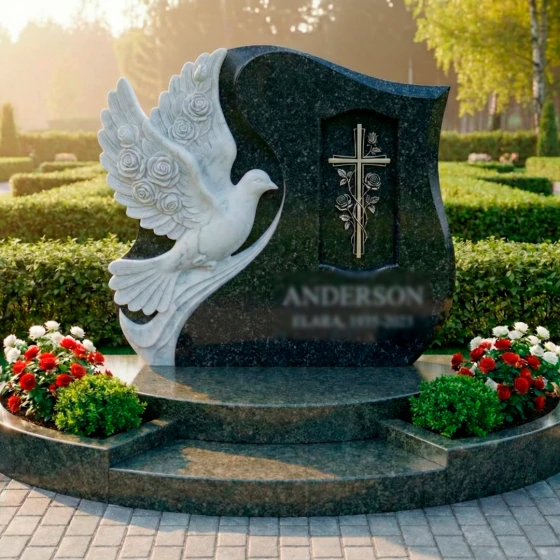 Вертикальный памятник с голубем и розами, гранит Габбро-диабаз