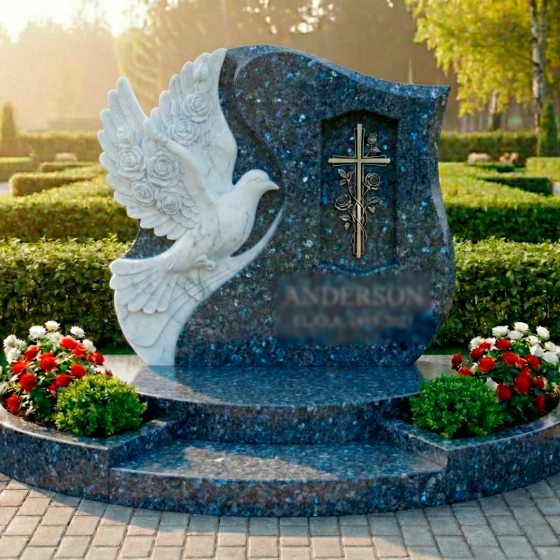 Вертикальный памятник с голубем и розами, гранит Блю Перл