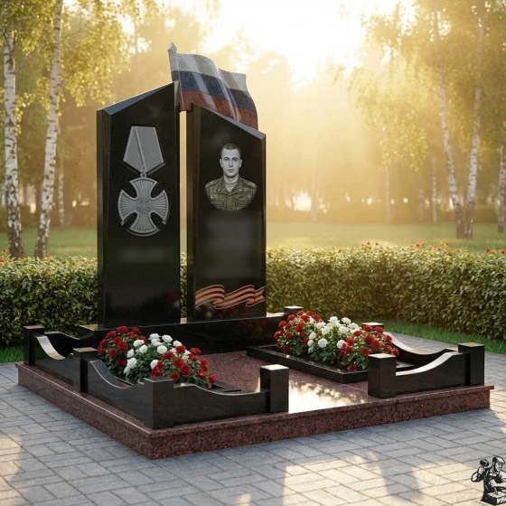 Гранитный монумент с флагом, медалью и лентами, гранит Габбро-диабаз