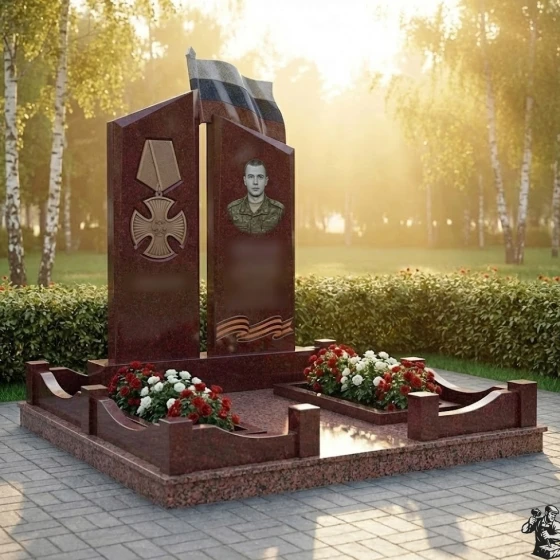 Гранитный монумент с флагом, медалью и лентами, гранит Лезниковский