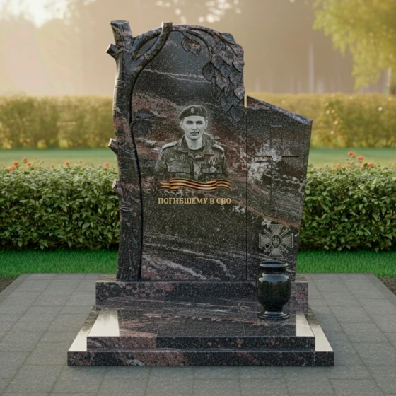 Гранитный памятник с березой и крестом, гранит амфиболит