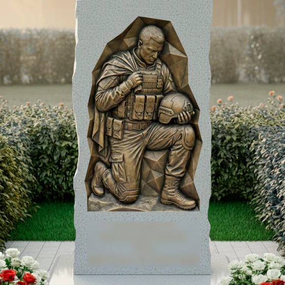 Гранитный памятник-глыба с барельефом воина, гранит Мансуровский