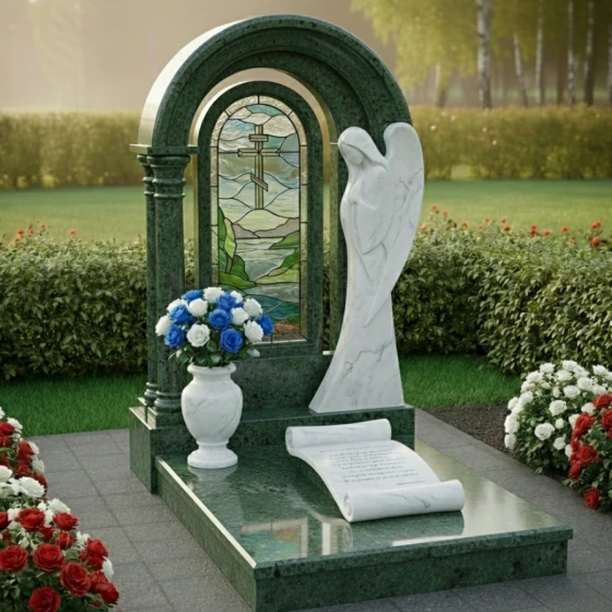 Мемориальный комплекс с витражом и ангелом из мрамора, гранит Балтик грин