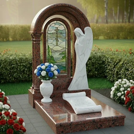 Мемориальный комплекс с витражом и ангелом из мрамора, гранит Лезниковский