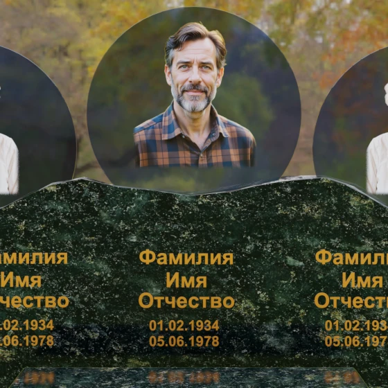 Горизонтальный гранитный памятник со скалой и медальонами, гранит Балтик грин