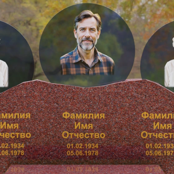 Горизонтальный гранитный памятник со скалой и медальонами, гранит Лезниковский