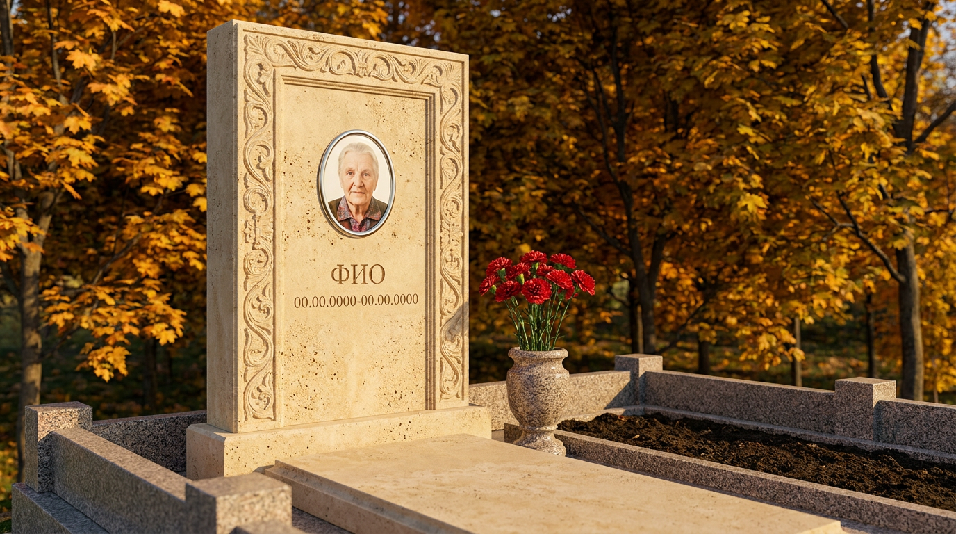 Пример дизайна: Памятник из светлого известняка с цветами
